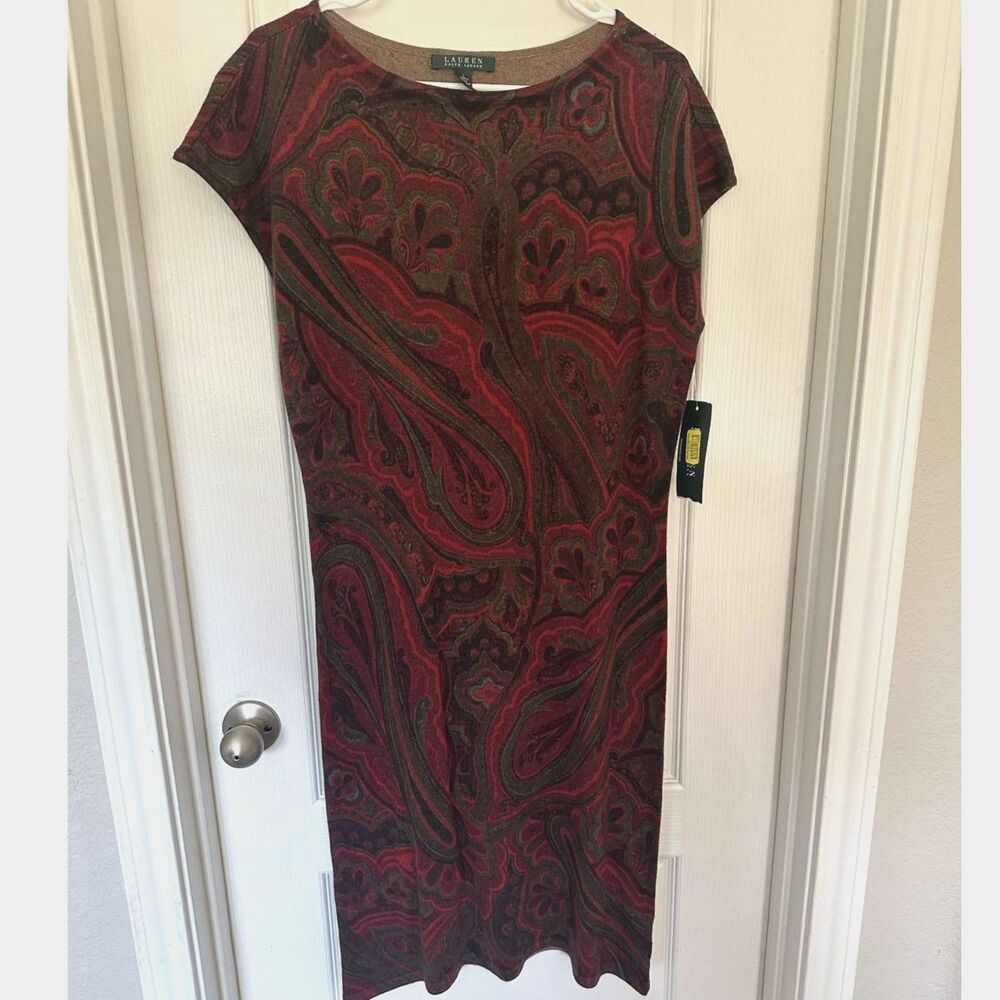 NWT Lauren Ralph Lauren Silk Cashmere Paisley Cap Sleeve Dress Red Burgundy L